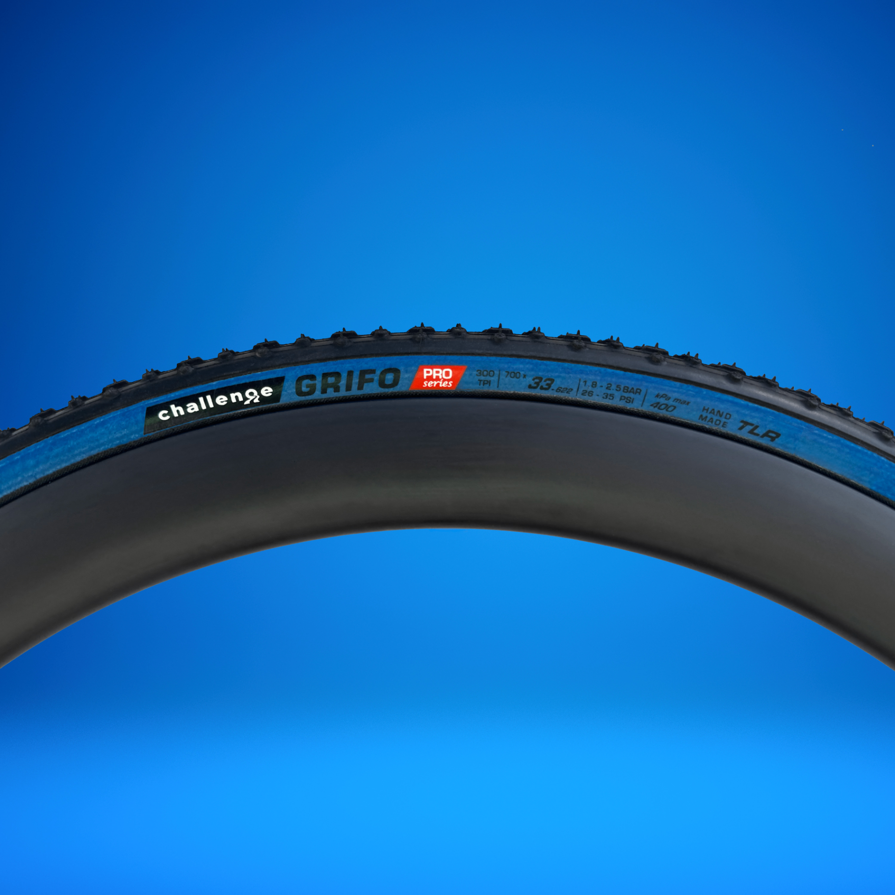 NJCX anniversary blue sidewall Grifo tire, sidewall detail
