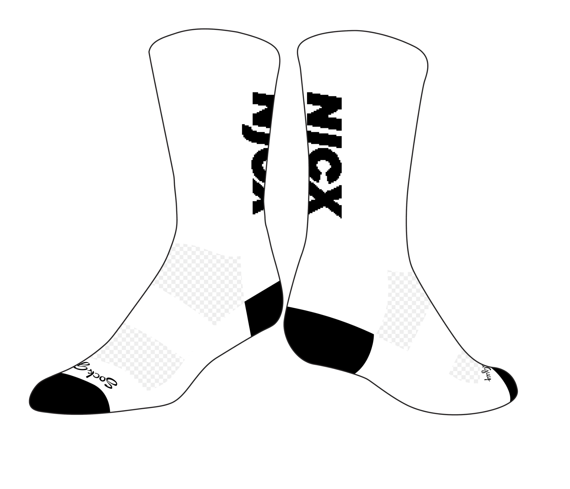 NJCX white cycling socks with black logo, toe, and heel